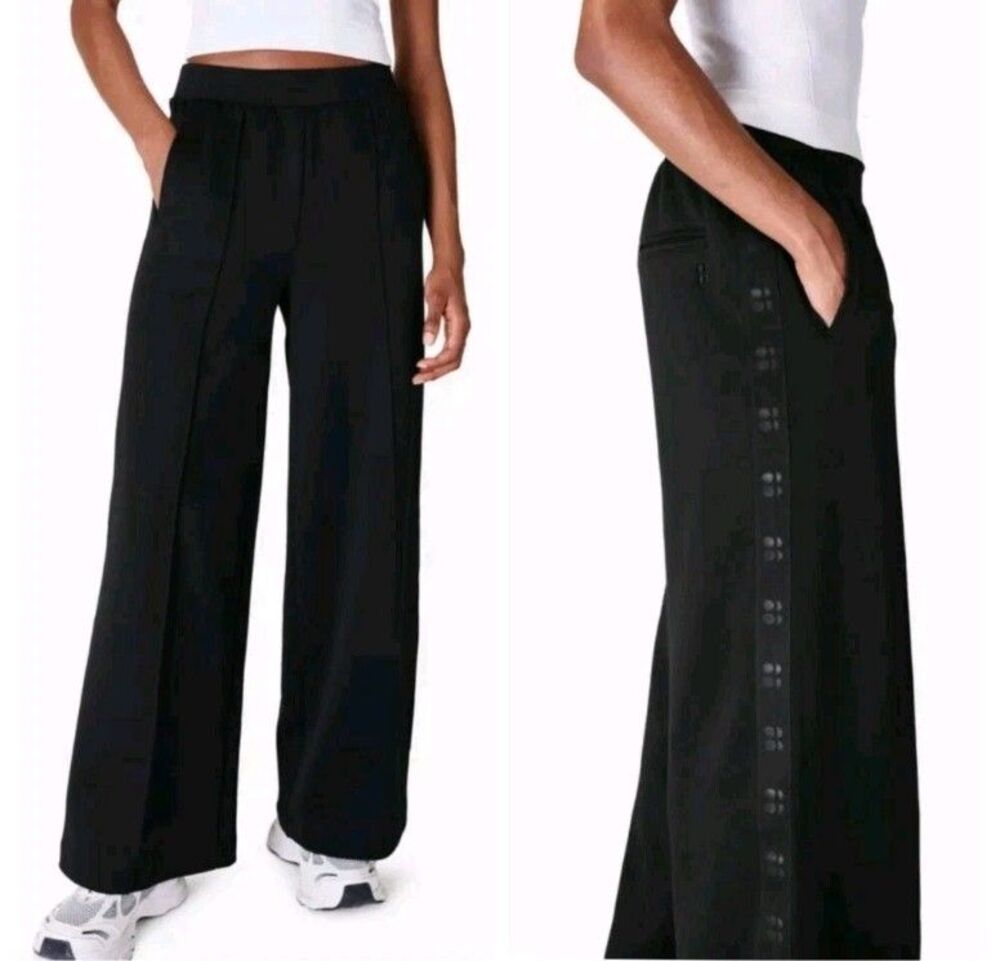 Sweaty Betty Retro Tricot Wide Leg Pants Black Women's Size 6 Streetwear Sweats